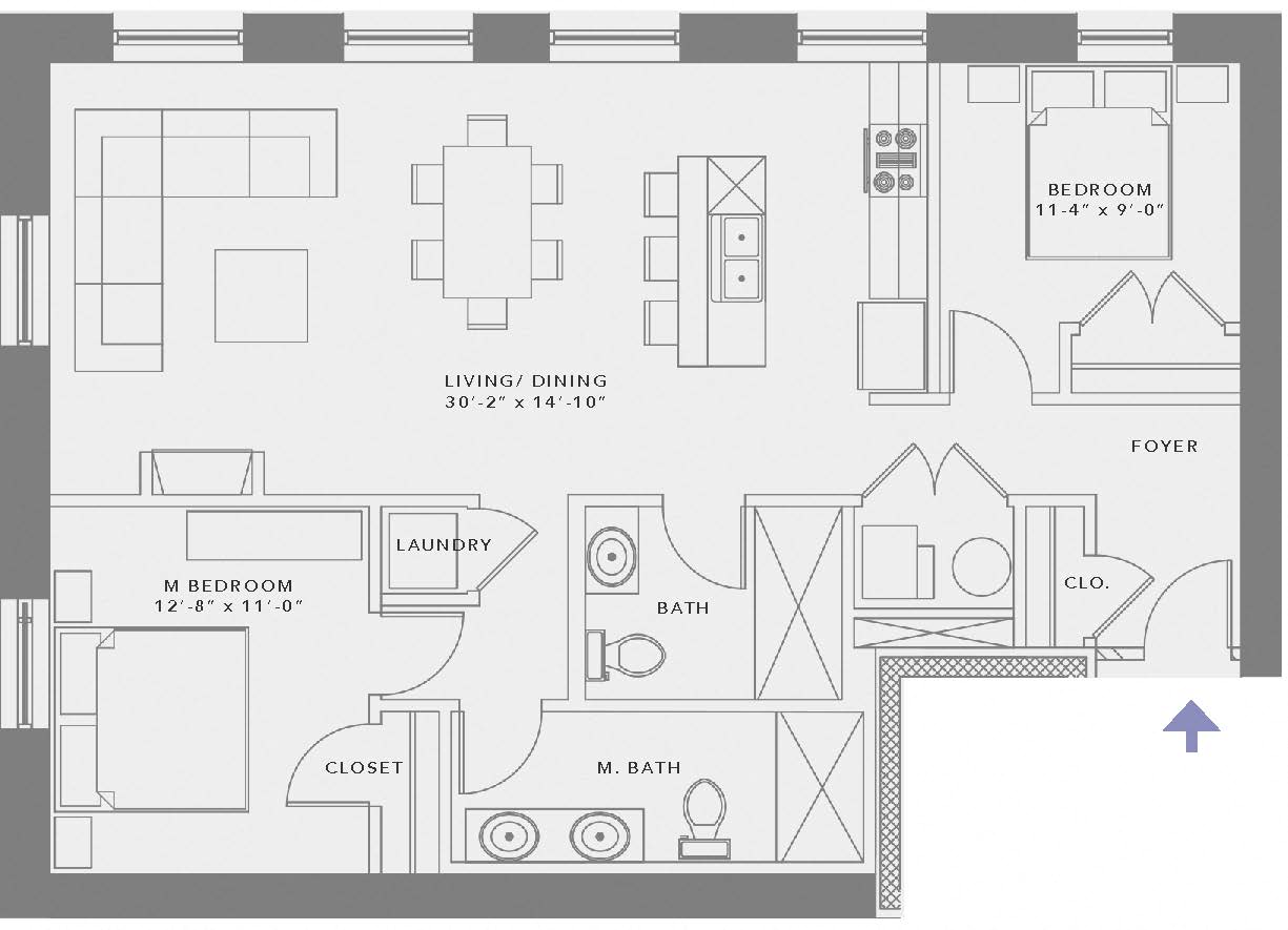 Floor plan for 2 beds, 2 baths, 1100 sqft